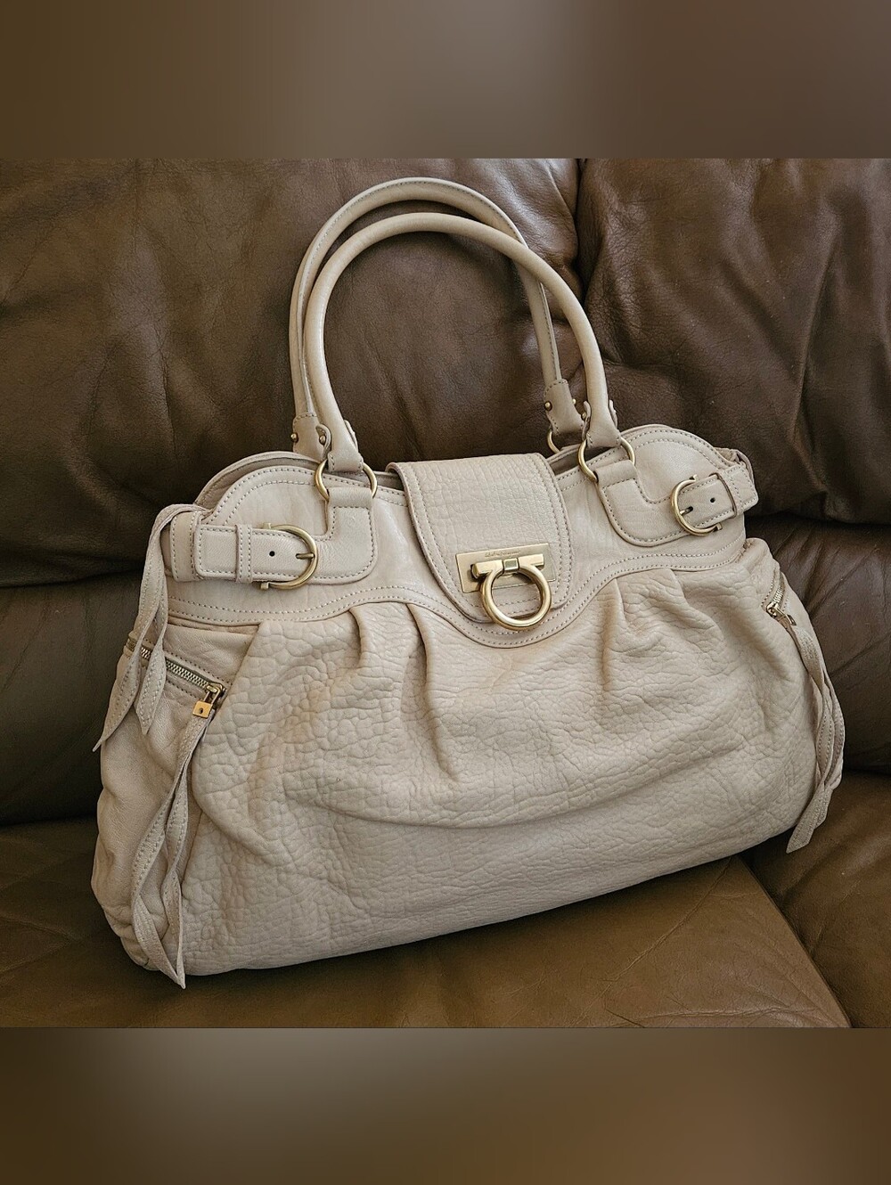 Salvatore Ferragamo Light Mustard Yellow Leather Satchel with Gold Hardware